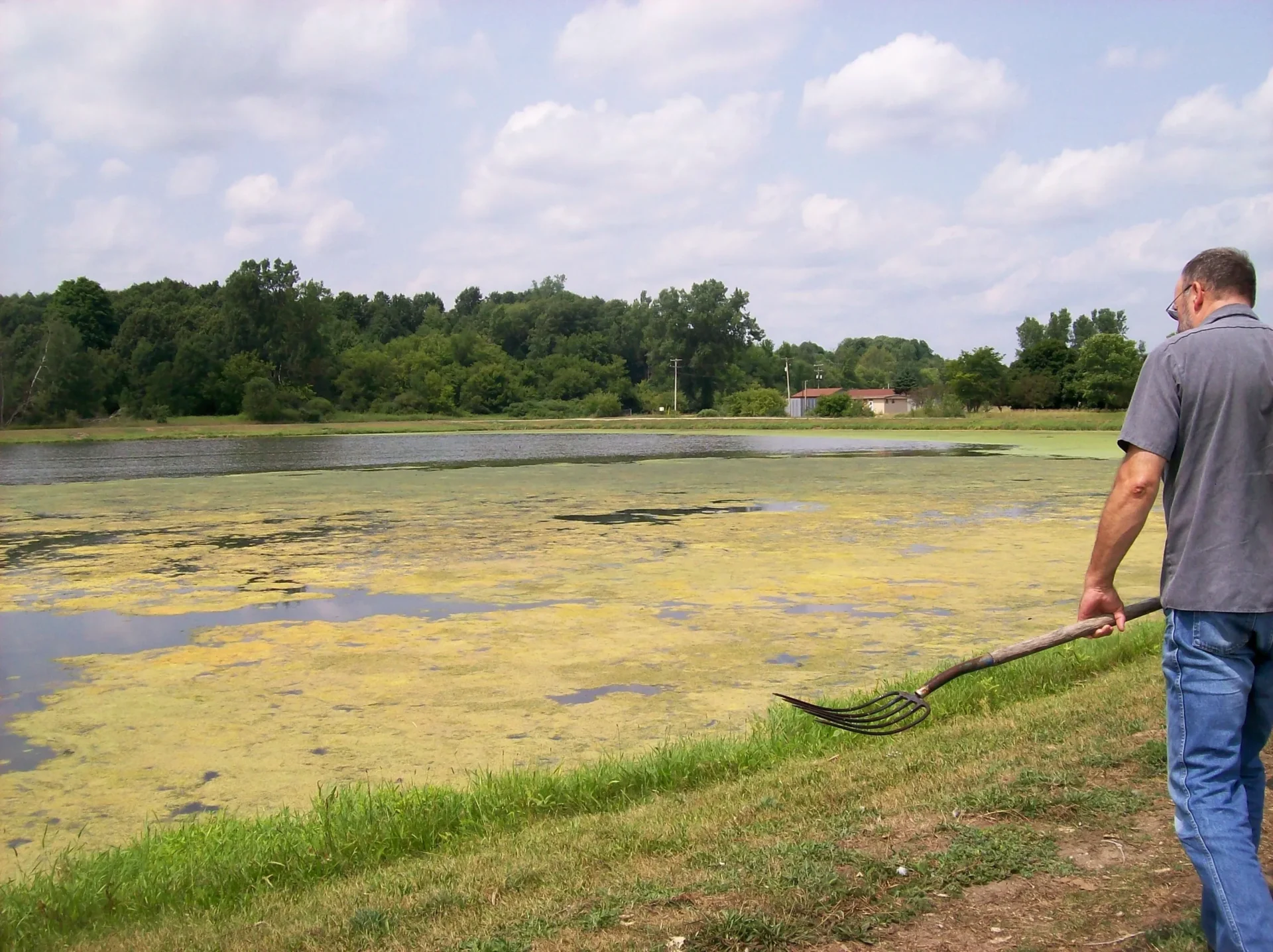 A person sitting on the grass near a body of water.