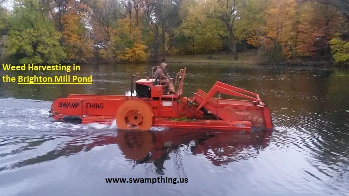 A man riding on the back of an orange tractor in water.