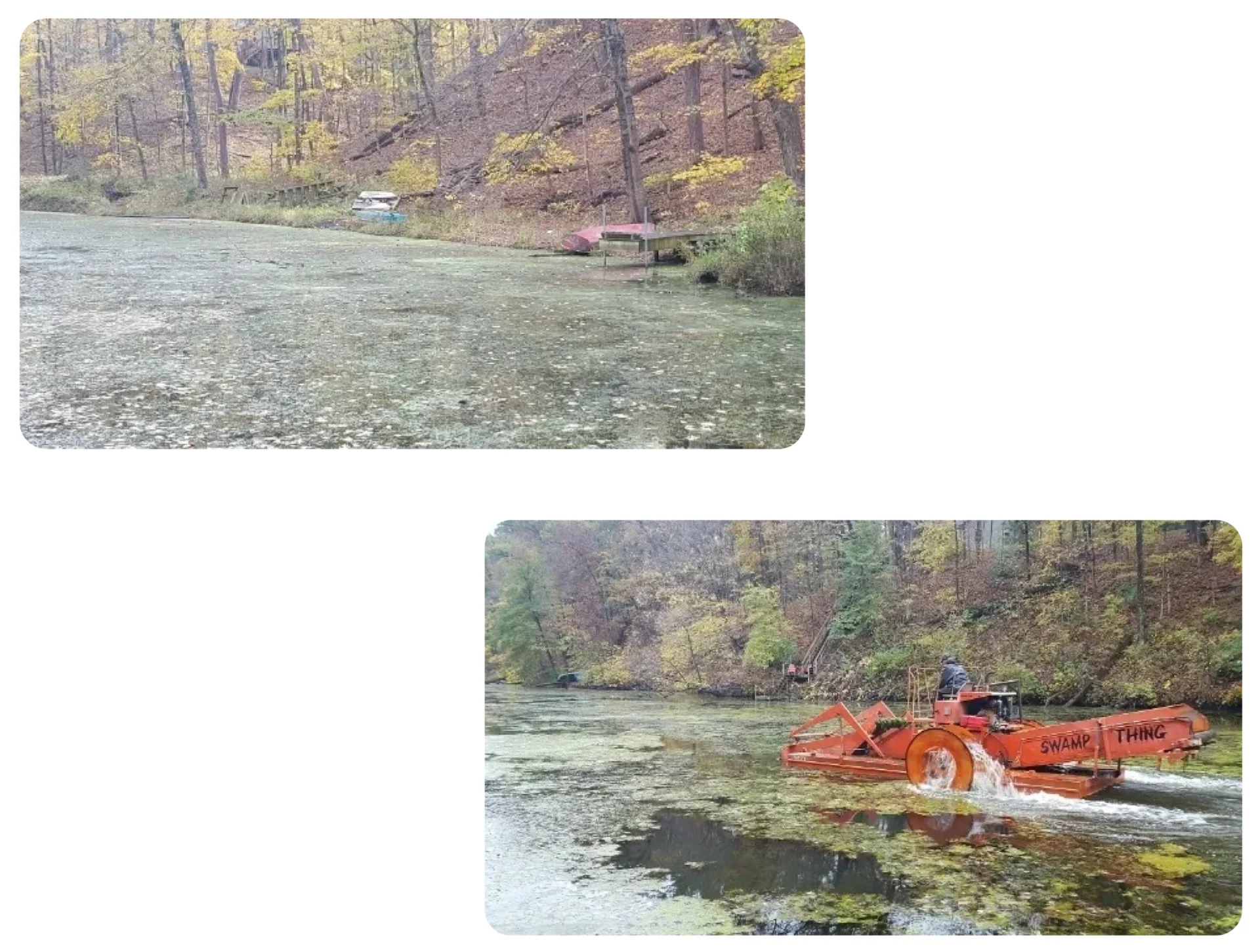 Two pictures of a river with people in it.