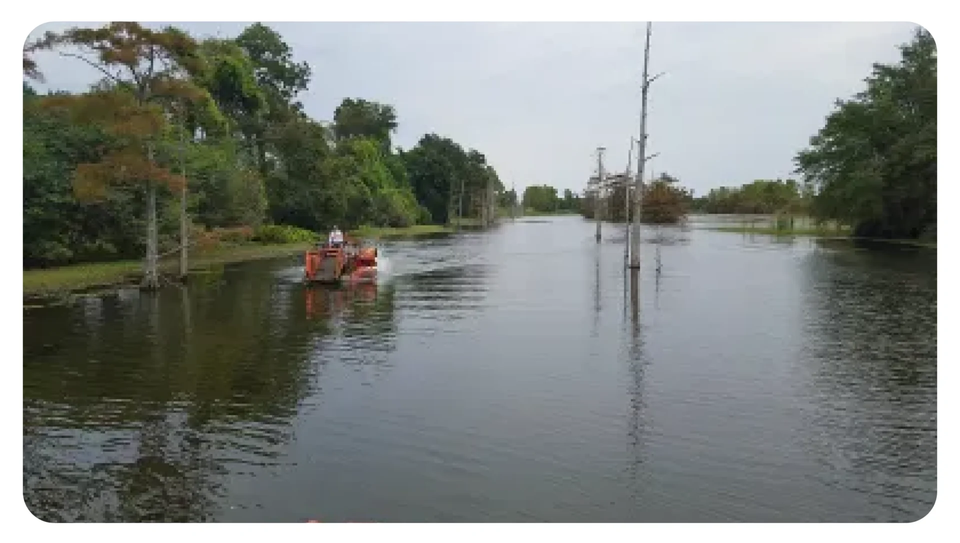 A boat is floating down the river